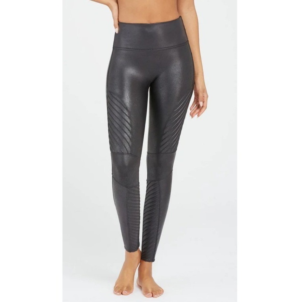 Spanx Womens Black High Rise Pull On Faux‎ Leather Moto Leggings XL Shaping Edgy